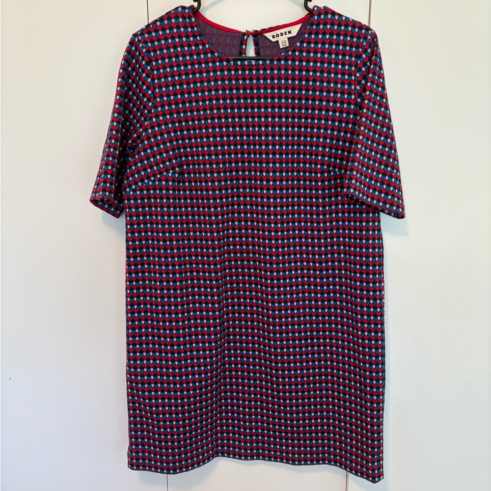 Boden Ivy Jacquard Jersey Dress in a red and blue geometric pattern size 14R